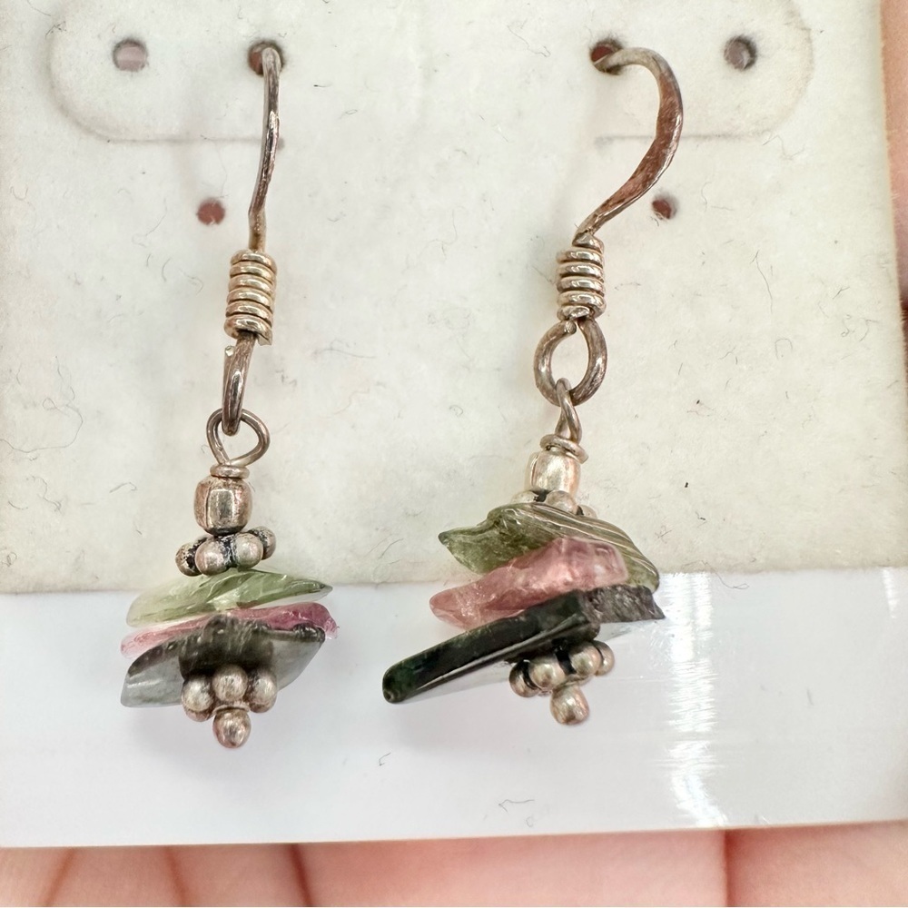 Sterling Silver Green Purple Dangle Earrings Natural Stones - Picture 3 of 10